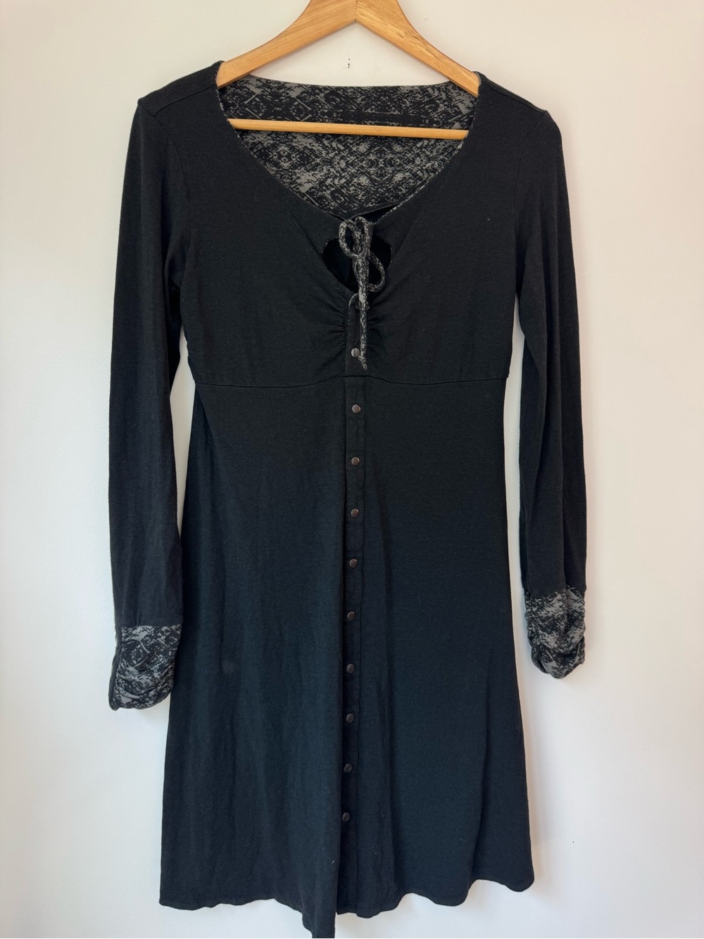 Nomads Hemp Wear Bamboo Organic Cotton Keyhole Mini Dress Black Printed Trim M